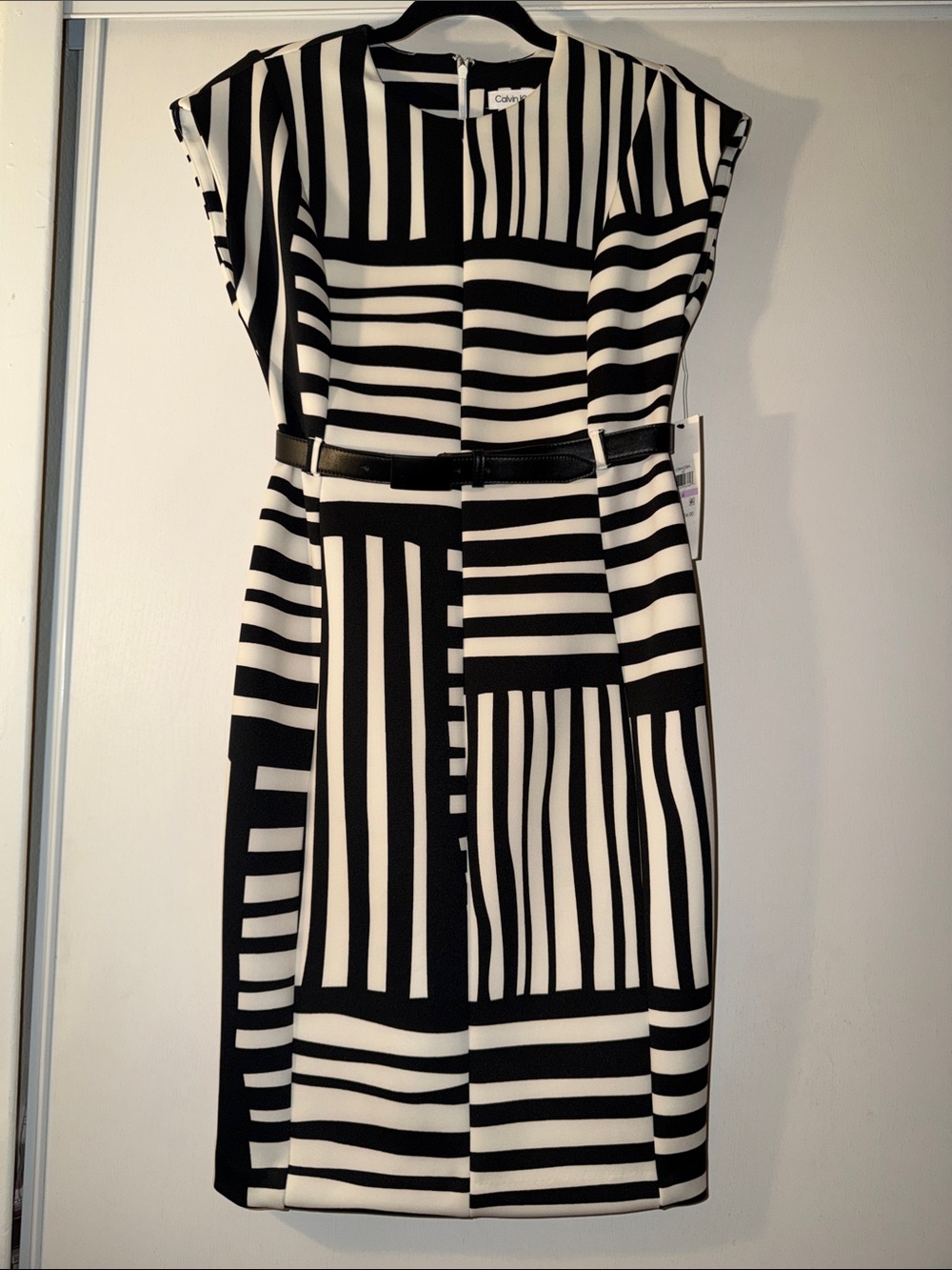 Calvin Klein Black and White Geometric Stripe Midi Dress
